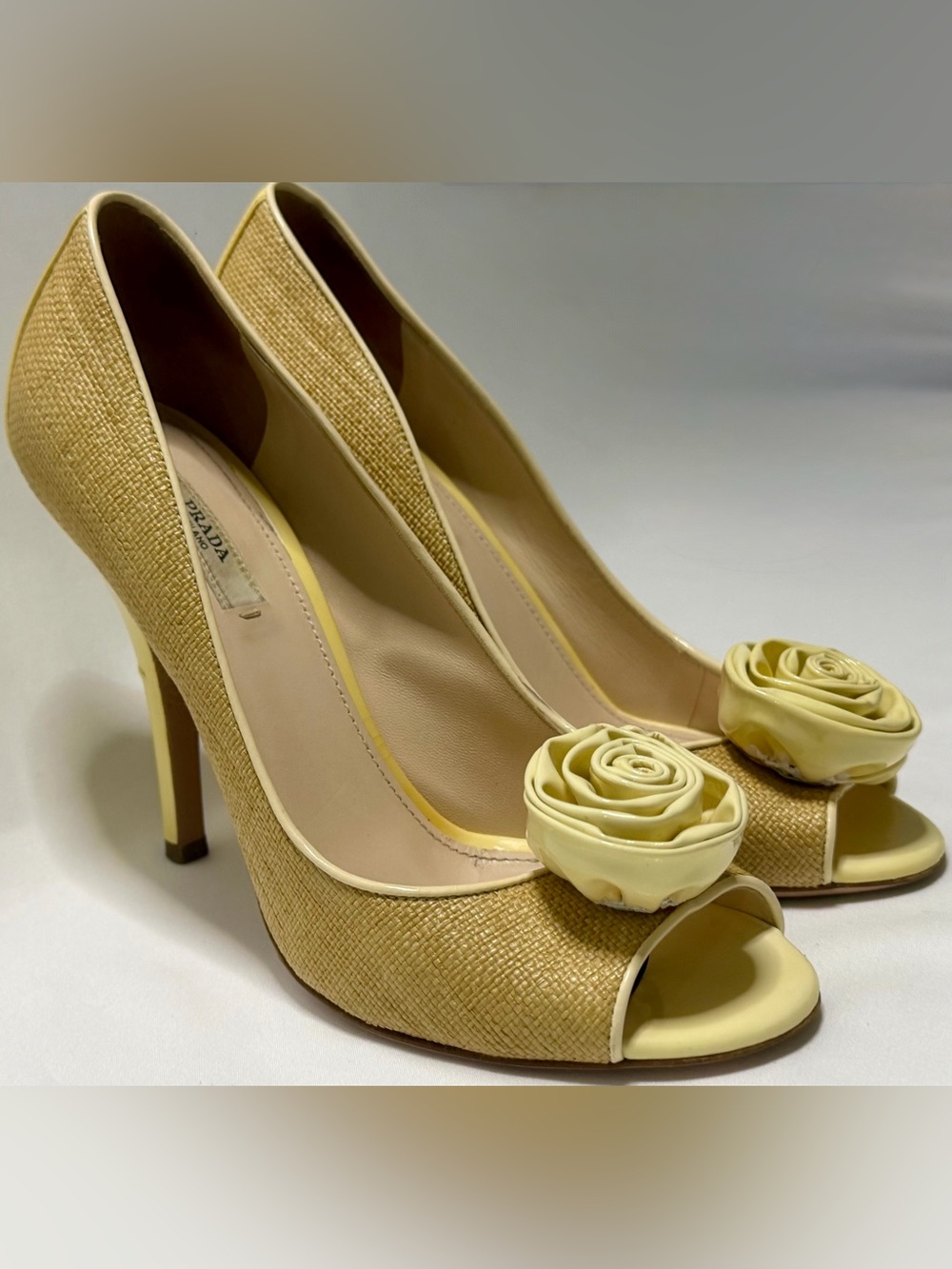 Prada Vintage Y2K Raffia Patent Leather Flower Peep Toe Pumps Yellow Size 38
